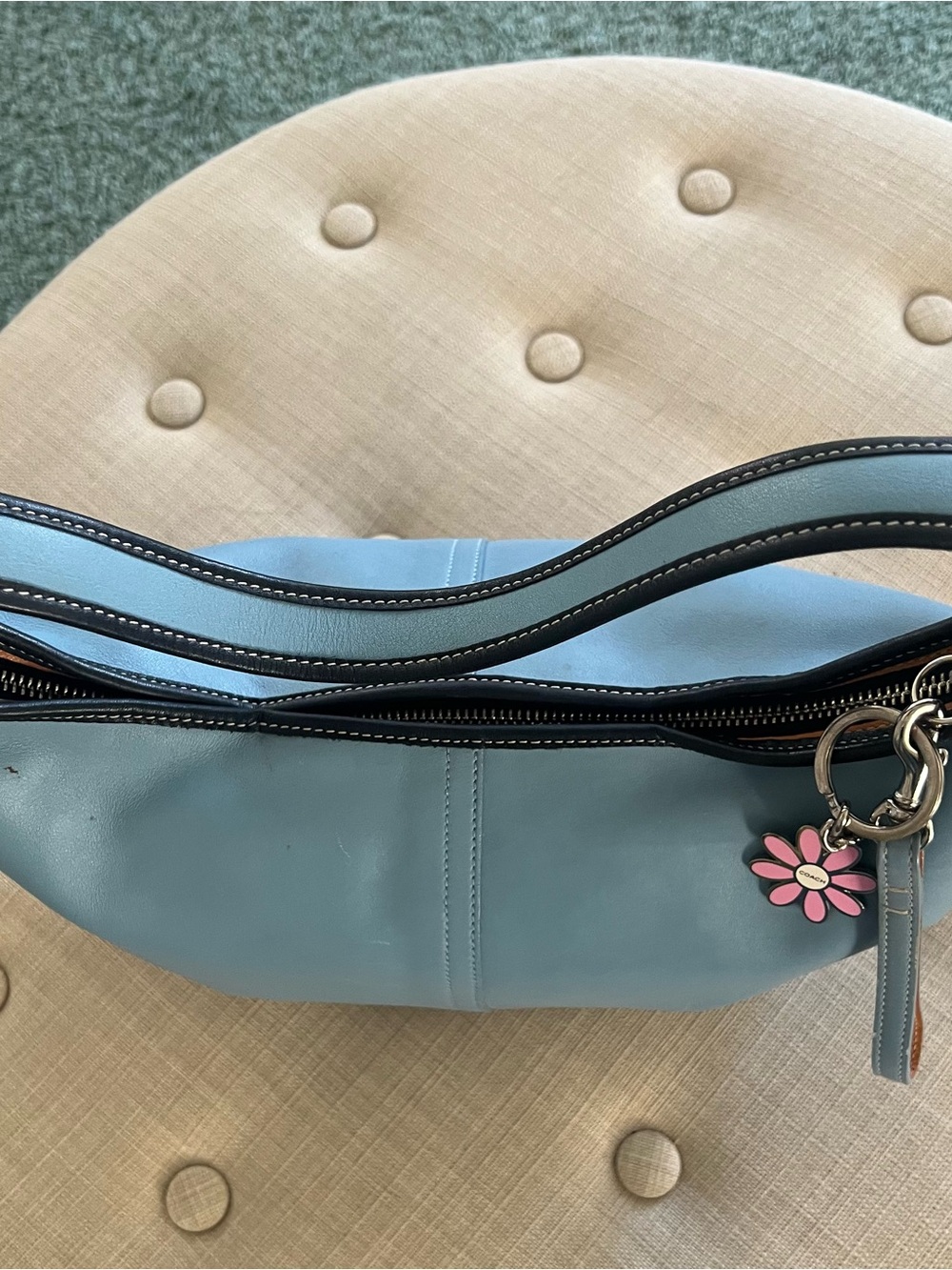 Coach Light Blue Shoulder Bag with Pink Flower Charm